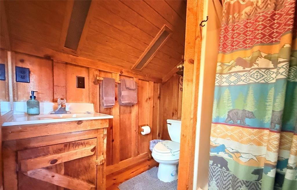A cabin bathroom with a pine vanity and a mountain-print shower curtain